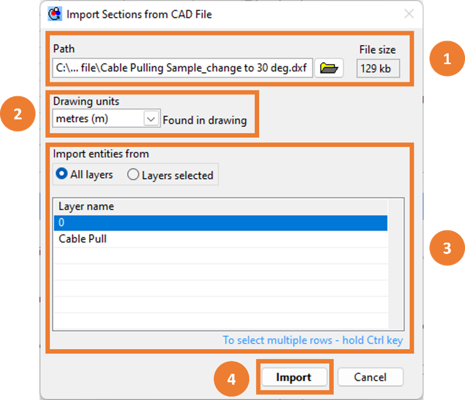 Import sections from cad file.
